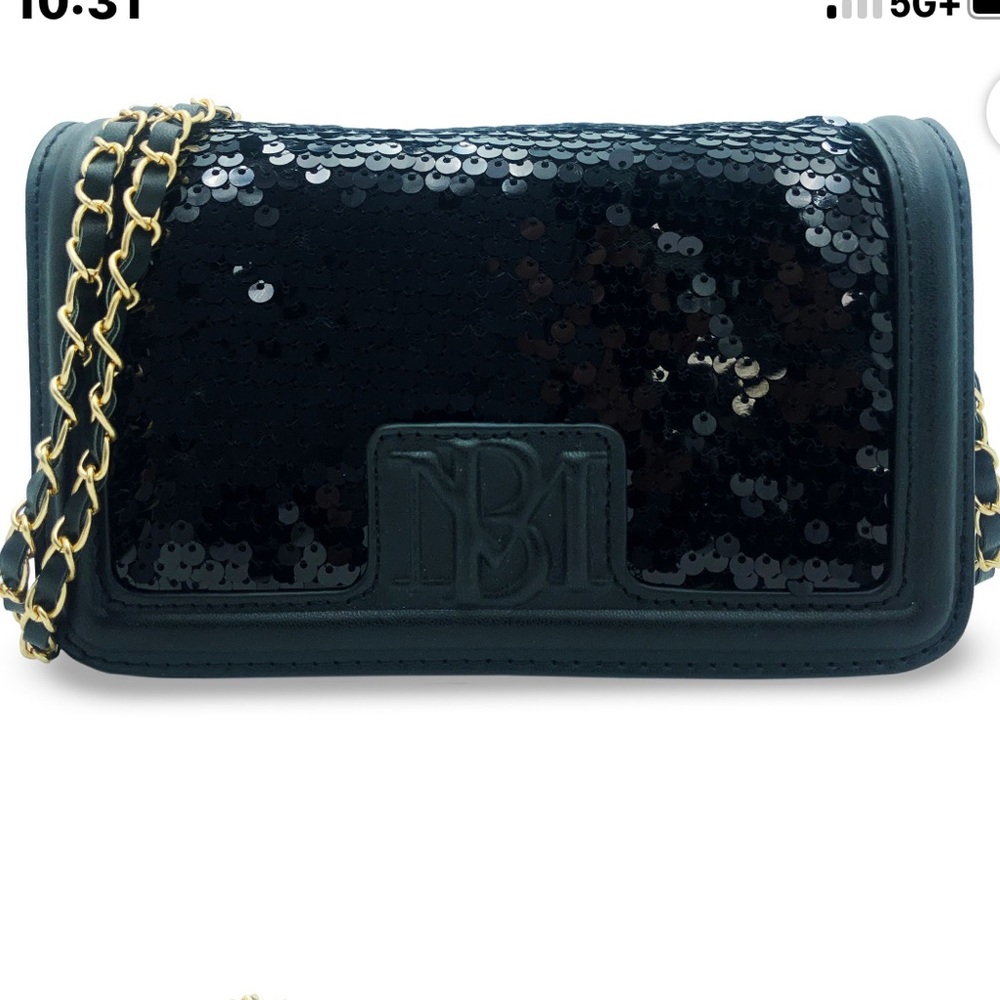 NWT Badgley Mischka Black Sequin Satin & Vegan Leather Crossbody Clutch Money